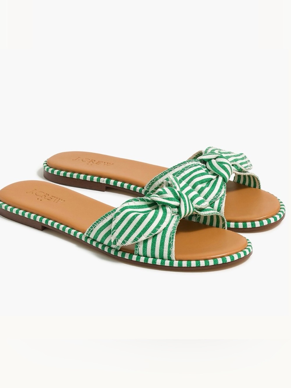J. Crew Striped Knot Slide Vintage Kelly Green White Flats Sandals 7.5